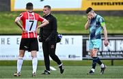 15 May 2023; Darragh Leahy of Dundalk leaves the pitch with an injury during the SSE Airtricity Men's Premier Division match between Derry City and Dundalk at The Ryan McBride Brandywell Stadium in Derry. Photo by Ramsey Cardy/Sportsfile