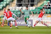 15 May 2023; Neil Farrugia of Shamrock Rovers in action against Adam Murphy of St Patrick's Athletic, right, and Jamie Lennon during the SSE Airtricity Men's Premier Division match between Shamrock Rovers and St Patrick's Athletic at Tallaght Stadium in Dublin. Photo by Tyler Miller/Sportsfile