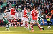 15 May 2023; Mark Doyle of St Patrick's Athletic shoots to score his side's first goal during the SSE Airtricity Men's Premier Division match between Shamrock Rovers and St Patrick's Athletic at Tallaght Stadium in Dublin. Photo by Stephen McCarthy/Sportsfile