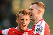 15 May 2023; Mark Doyle of St Patrick's Athletic celebrates after scoring his side's first goal, with team-mate Sam Curtis, left, during the SSE Airtricity Men's Premier Division match between Shamrock Rovers and St Patrick's Athletic at Tallaght Stadium in Dublin. Photo by Stephen McCarthy/Sportsfile