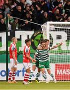 15 May 2023; Lee Grace of Shamrock Rovers celebrates after scoring his side's first goal with team-mate Daniel Cleary, right, during the SSE Airtricity Men's Premier Division match between Shamrock Rovers and St Patrick's Athletic at Tallaght Stadium in Dublin. Photo by Stephen McCarthy/Sportsfile