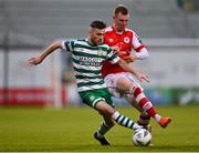 15 May 2023; Jack Byrne of Shamrock Rovers in action against Mark Doyle of St Patrick's Athletic during the SSE Airtricity Men's Premier Division match between Shamrock Rovers and St Patrick's Athletic at Tallaght Stadium in Dublin. Photo by Tyler Miller/Sportsfile