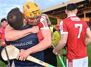 15 May 2023; Cork captain Michael Mullins celebrates with his manager Ben O'Connor after their side's victory in the oneills.com Munster GAA Hurling U20 Championship Final match between Cork and Clare at TUS Gaelic Grounds in Limerick. Photo by Piaras Ó Mídheach/Sportsfile