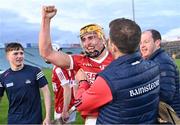 15 May 2023; Cork captain Michael Mullins celebrates with his manager Ben O'Connor after their side's victory in the oneills.com Munster GAA Hurling U20 Championship Final match between Cork and Clare at TUS Gaelic Grounds in Limerick. Photo by Piaras Ó Mídheach/Sportsfile
