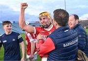 15 May 2023; Cork captain Michael Mullins celebrates with his manager Ben O'Connor after their side's victory in the oneills.com Munster GAA Hurling U20 Championship Final match between Cork and Clare at TUS Gaelic Grounds in Limerick. Photo by Piaras Ó Mídheach/Sportsfile