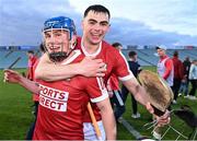 15 May 2023; Cork players Darragh O'Sullivan, left, and Mark Howell celebrate after their side's victory in the oneills.com Munster GAA Hurling U20 Championship Final match between Cork and Clare at TUS Gaelic Grounds in Limerick. Photo by Piaras Ó Mídheach/Sportsfile