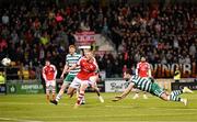 15 May 2023; Richie Towell of Shamrock Rovers heads his side's second goal during the SSE Airtricity Men's Premier Division match between Shamrock Rovers and St Patrick's Athletic at Tallaght Stadium in Dublin. Photo by Stephen McCarthy/Sportsfile