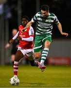 15 May 2023; Neil Farrugia of Shamrock Rovers in action against Serge Atakayi of St Patrick's Athletic during the SSE Airtricity Men's Premier Division match between Shamrock Rovers and St Patrick's Athletic at Tallaght Stadium in Dublin. Photo by Tyler Miller/Sportsfile