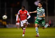 15 May 2023; Serge Atakayi of St Patrick's Athletic in action against Neil Farrugia of Shamrock Rovers during the SSE Airtricity Men's Premier Division match between Shamrock Rovers and St Patrick's Athletic at Tallaght Stadium in Dublin. Photo by Tyler Miller/Sportsfile