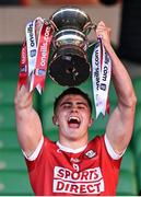 15 May 2023; Cork captain Micahel Mullins lifts the cup after his side's victory in the oneills.com Munster GAA Hurling U20 Championship Final match between Cork and Clare at TUS Gaelic Grounds in Limerick. Photo by Piaras Ó Mídheach/Sportsfile