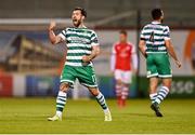 15 May 2023; Richie Towell of Shamrock Rovers celebrates after scoring his side's third goal during the SSE Airtricity Men's Premier Division match between Shamrock Rovers and St Patrick's Athletic at Tallaght Stadium in Dublin. Photo by Tyler Miller/Sportsfile