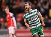 15 May 2023; Richie Towell of Shamrock Rovers celebrates after scoring his side's third goal during the SSE Airtricity Men's Premier Division match between Shamrock Rovers and St Patrick's Athletic at Tallaght Stadium in Dublin. Photo by Stephen McCarthy/Sportsfile
