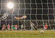 15 May 2023; Richie Towell of Shamrock Rovers scores his side's third goal, a penalty, past St Patrick's Athletic goalkeeper Dean Lyness during the SSE Airtricity Men's Premier Division match between Shamrock Rovers and St Patrick's Athletic at Tallaght Stadium in Dublin. Photo by Stephen McCarthy/Sportsfile