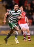 15 May 2023; Richie Towell of Shamrock Rovers celebrates after scoring his side's third goal, a penalty, during the SSE Airtricity Men's Premier Division match between Shamrock Rovers and St Patrick's Athletic at Tallaght Stadium in Dublin. Photo by Stephen McCarthy/Sportsfile