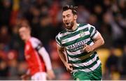 15 May 2023; Richie Towell of Shamrock Rovers celebrates after scoring his side's third goal, a penalty, during the SSE Airtricity Men's Premier Division match between Shamrock Rovers and St Patrick's Athletic at Tallaght Stadium in Dublin. Photo by Stephen McCarthy/Sportsfile