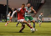 15 May 2023; Jamie Lennon of St Patrick's Athletic in action against Richie Towell of Shamrock Rovers during the SSE Airtricity Men's Premier Division match between Shamrock Rovers and St Patrick's Athletic at Tallaght Stadium in Dublin. Photo by Tyler Miller/Sportsfile