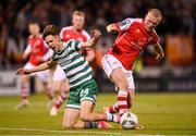 15 May 2023; Johnny Kenny of Shamrock Rovers is tackled by Tom Grivosti of St Patrick's Athletic resulting in a penalty for Shamrock Rovers during the SSE Airtricity Men's Premier Division match between Shamrock Rovers and St Patrick's Athletic at Tallaght Stadium in Dublin. Photo by Stephen McCarthy/Sportsfile