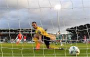 15 May 2023; Shamrock Rovers goalkeeper Leon Pohls is beaten for the opening St Patrick's Athletic goal during the SSE Airtricity Men's Premier Division match between Shamrock Rovers and St Patrick's Athletic at Tallaght Stadium in Dublin. Photo by Stephen McCarthy/Sportsfile