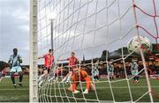 15 May 2023; Dundalk goalkeeper Nathan Shepperd fails to stop a goal by Brandon Kavanagh of Derry City during the SSE Airtricity Men's Premier Division match between Derry City and Dundalk at The Ryan McBride Brandywell Stadium in Derry. Photo by Ramsey Cardy/Sportsfile