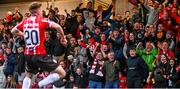 15 May 2023; Derry City supporters celebrate their side's second goal scored by Brandon Kavanagh, 20, during the SSE Airtricity Men's Premier Division match between Derry City and Dundalk at The Ryan McBride Brandywell Stadium in Derry. Photo by Ramsey Cardy/Sportsfile
