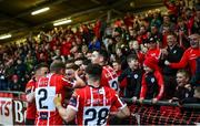 15 May 2023; Brandon Kavanagh of Derry City celebrates with teammates after scoring their side's second goal during the SSE Airtricity Men's Premier Division match between Derry City and Dundalk at The Ryan McBride Brandywell Stadium in Derry. Photo by Ramsey Cardy/Sportsfile
