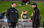 15 May 2023; Derry City head coach Ruaidhrí Higgins, left, and Dundalk head coach Stephen O'Donnell before the SSE Airtricity Men's Premier Division match between Derry City and Dundalk at The Ryan McBride Brandywell Stadium in Derry. Photo by Ramsey Cardy/Sportsfile