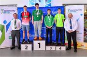 13 May 2023; Medallists in Boys 16 & under 50 metre butterfly event, from left, Garry Hanrahan of Cahir in Tipperary in second place; Senan McWeeney of Clonguish in Longford in first place; Mattew Walsh of Castlebar in Mayo in third place; and Oisín McGrath of The Downs in Westmeath in fourth place, with National president of the Community Games Gerry McGuinness, left, and Michael Kilcoyne, Cathaoirleach of Castlebar Municipal District, during the Community Games Swimming Finals 2023 at Lough Lanagh Swimming Complex in Castlebar, Mayo, which had over 800 children participating. Photo by Piaras Ó Mídheach/Sportsfile