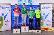 13 May 2023; Medallists in Boys 16 & under 50 metre butterfly event, from left, Garry Hanrahan of Cahir in Tipperary in second place; Senan McWeeney of Clonguish in Longford in first place; Mattew Walsh of Castlebar in Mayo in third place; and Oisín McGrath of The Downs in Westmeath in fourth place, during the Community Games Swimming Finals 2023 at Lough Lanagh Swimming Complex in Castlebar, Mayo, which had over 800 children participating. Photo by Piaras Ó Mídheach/Sportsfile