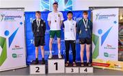 13 May 2023; Medallists in the Boys 16 & under 50 metre backstroke event, from left, Matthew O'Grady of Skreen-Dromard in Sligo in second place; Daragh Horgan of Monaleen in Limerick in first place; Jun Hwang of Kilteevan in Roscommon in third place; and Luke Ruddy of Drumshambo in Leitrim in fourth place, during the Community Games Swimming Finals 2023 at Lough Lanagh Swimming Complex in Castlebar, Mayo, which had over 800 children participating. Photo by Piaras Ó Mídheach/Sportsfile