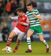 15 May 2023; Jason McClelland of St Patrick's Athletic in action against Gary O'Neill of Shamrock Rovers during the SSE Airtricity Men's Premier Division match between Shamrock Rovers and St Patrick's Athletic at Tallaght Stadium in Dublin. Photo by Stephen McCarthy/Sportsfile