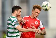 15 May 2023; Neil Farrugia of Shamrock Rovers in action against Sam Curtis of St Patrick's Athletic during the SSE Airtricity Men's Premier Division match between Shamrock Rovers and St Patrick's Athletic at Tallaght Stadium in Dublin. Photo by Stephen McCarthy/Sportsfile