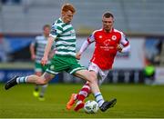 15 May 2023; Rory Gaffney of Shamrock Rovers in action against Mark Doyle of St Patrick's Athletic during the SSE Airtricity Men's Premier Division match between Shamrock Rovers and St Patrick's Athletic at Tallaght Stadium in Dublin. Photo by Tyler Miller/Sportsfile