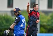 16 May 2023; Tom Mayes of Northern Knights celebrates taking the wicket of Simi Singh of Leinster Lightning during the CI Inter-Provincial Series 2023 match between Leinster Lightning and Northern Knights at Pembroke Cricket Club in Dublin. Photo by Brendan Moran/Sportsfile