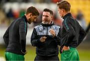 15 May 2023; Shamrock Rovers manager Stephen Bradley speaks to Lee Grace, left, and Daniel Cleary before the SSE Airtricity Men's Premier Division match between Shamrock Rovers and St Patrick's Athletic at Tallaght Stadium in Dublin. Photo by Stephen McCarthy/Sportsfile