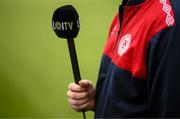 15 May 2023; A detailed view of a LOI TV microphone being held by St Patrick's Athletic interim manager Jon Daly before the SSE Airtricity Men's Premier Division match between Shamrock Rovers and St Patrick's Athletic at Tallaght Stadium in Dublin. Photo by Stephen McCarthy/Sportsfile
