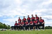 16 May 2023; The Northern Knights team sit for a team photograph during a break in play in the CI Inter-Provincial Series 2023 match between Leinster Lightning and Northern Knights at Pembroke Cricket Club in Dublin. Photo by Brendan Moran/Sportsfile