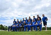 16 May 2023; The Leinster Lightning team sit for a team photograph during a break in play in the CI Inter-Provincial Series 2023 match between Leinster Lightning and Northern Knights at Pembroke Cricket Club in Dublin. Photo by Brendan Moran/Sportsfile
