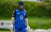 16 May 2023; Mark Donegan of Leinster Lightning leaves the crease after losing his wicket during the CI Inter-Provincial Series 2023 match between Leinster Lightning and Northern Knights at Pembroke Cricket Club in Dublin. Photo by Brendan Moran/Sportsfile