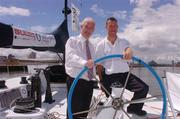 21 June 2004; Gerry McQuaid, left, Commercial Director of O2, with skipper David Nixon at the launch of the 'O2 Team Spirit', a 64ft Volvo class ocean race yacht, which will take part in the BMW Round Ireland Yacht Race. Point Depot, Dublin. Picture credit; David Maher / SPORTSFILE.