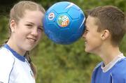 22 June 2004; The eircom League FAI Pepsi Summer Soccer Schools Kids Go Free Promotion was launched today. Pictured at the launch is Noelle Brennan aged 12 from Dublin and Dylan Kirby aged 12 from Beaumont. Portmarnock Hotel & Golf Links, Strand Road, Portmarnock, Co Dublin. Picture credit; Damien Eagers / SPORTSFILE
