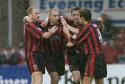 22 June 2004; Tony Grant, second from left, Bohemians, celebrates after scoring his sides first goal with team-mates left to right, Glen Crowe, Fergal Harkin and Kevin Hunt. eircom League Premier Division, Cork City v Bohemians, Turners Cross, Cork. Picture credit; David Maher / SPORTSFILE