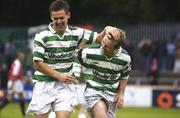 18 June 2004; Shane Robinson, left, Shamrock Rovers, celebrates with team-mate Steven Gough after scoring a goal for his side. eircom league, Premier Division, Shamrock Rovers v St. Patrick's Athletic, Richmond Park, Dublin. Picture credit; Brian Lawless / SPORTSFILE