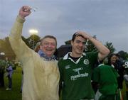 23 June 2004; Ireland's John Hearty celebrates with his father Tom after victory over Australia. IRB Under 21 World Rugby Championship, Semi-Final, Ireland v Australia, Hughenden, Glasgow, Scotland. Picture credit; Brian Lawless / SPORTSFILE