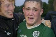 23 June 2004; Ireland's Declan Fitzpatrick, right, shows his emotion after victory over Australia. IRB Under 21 World Rugby Championship, Semi-Final, Ireland v Australia, Hughenden, Glasgow, Scotland. Picture credit; Brian Lawless / SPORTSFILE