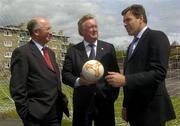 24 June 2004; At the announcement of the allocation of 2 million euro from the Irish Sports Council to the F.A.I. for 2004 aimed at supporting their overall Development Programme were, from left to right, Mr. Pat O'Neill, Chairperson of the Irish Sports Council, the Minister for Arts, Sport and Tourism, Mr John O'Donoghue T.D., and Packie Bonner, Technical Director of the F.A.I. O'Devaney Gardens, Dublin. Picture credit; Damien Eagers / SPORTSFILE