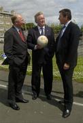 24 June 2004; At the announcement of the allocation of 2 million euro from the Irish Sports Council to the F.A.I. for 2004 aimed at supporting their overall Development Programme were, from left to right, Mr Pat O'Neill, Chairperson of the Irish Sports Council, the Minister for Arts, Sport and Tourism, Mr John O'Donoghue T.D., and Packie Bonner, Technical Director of the F.A.I. O'Devaney Gardens, Dublin. Picture credit; Damien Eagers / SPORTSFILE