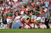 25 August 2013; Lauren Curran, representing Brideswell N.S. Athlone, Co. Roscommon, in action against Grace Mullan, representing St. Columbas P.S. Ballerin, Co. Derry, and Holly Ní Raghallaigh, representing Scoil Rois, Carrickmacross, Co. Monaghan, during the INTO/RESPECT Exhibition GoGames at the GAA Football All-Ireland Senior Championship Semi-Final between Mayo and Tyrone. Croke Park, Dublin. Picture credit: Brendan Moran / SPORTSFILE