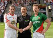 25 August 2013; Referee Maurice Deegan with Tyrone captain Stephen O'Neill, left, and Mayo captain Andy Moran. GAA Football All-Ireland Senior Championship Semi-Final, Mayo v Tyrone, Croke Park, Dublin. Picture credit: Oliver McVeigh / SPORTSFILE