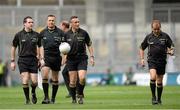 25 August 2013; The match officials, from left to right,  Martin McNally, sideline official, Rory Hickey, linesman, Maurice Deegan, rReferee and Eddie Kinsella, standby referee, leave the field at half time. GAA Football All-Ireland Senior Championship Semi-Final, Mayo v Tyrone, Croke Park, Dublin. Picture credit: Oliver McVeigh / SPORTSFILE