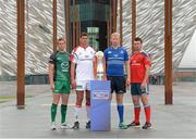 27 August 2013; In attendance at the launch of the 2013/14 Celtic League Season are, from left, Gavin Duffy, Connacht, Johann Muller, Ulster, Leo Cullen, Leinster, and Peter O'Mahony, Munster. Launch of the 2013/14 Celtic League Season, Titanic Belfast, Belfast, Co. Antrim. Picture credit: Oliver McVeigh / SPORTSFILE